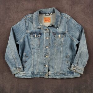 Levis Denim Trucker Jacket Womens 3X Blue Stars Studded Distressed Stretch